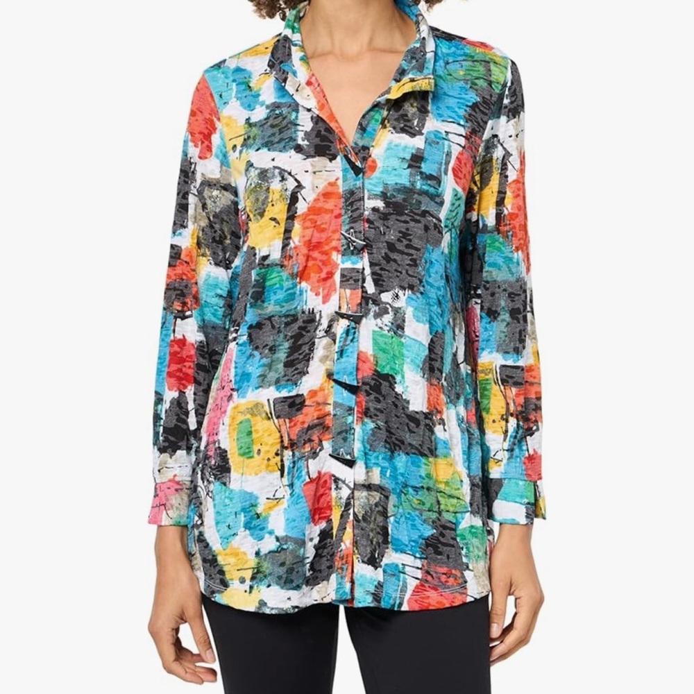 Ali Miles Paint Splotch Wired Collar 3/4 Sleeve Textured Tunic Size PXL